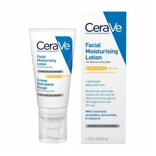 Loción Hidratante Facial SPF50 de CeraVe - Protección e Hidratación Todo el Día