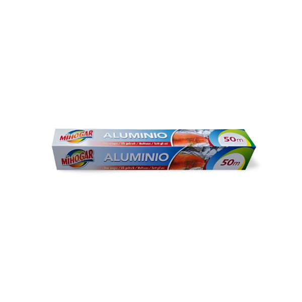 Mihogar Papel de Aluminio 50m con Sierra de Corte – Resistente, Maleable y Apto para Cocinar y Conservar Alimentos