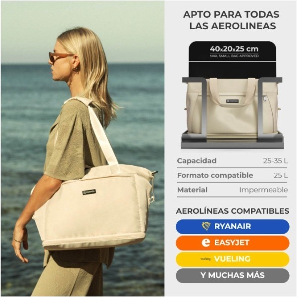 Bolsa de avión beige 25-35L expandible | Apta para cabina, con zapatero y bolsillo para portátil